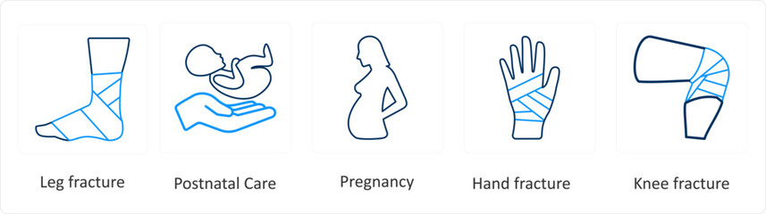 A set of 6 Medical icons as leg fracture, postnatal care, pregnancy