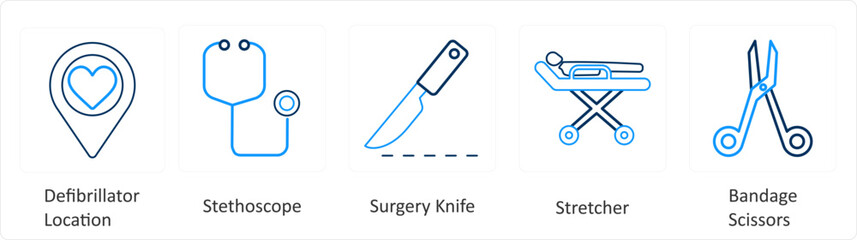 A set of 6 Medical icons as defibrillator location, surgery knife, stretcher