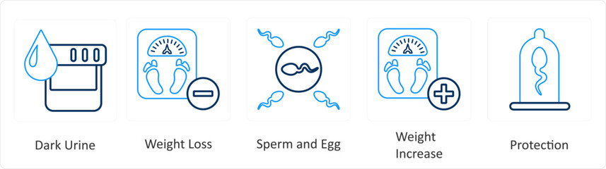A set of 6 Medical icons as dark urine, weight loss, sperm and egg