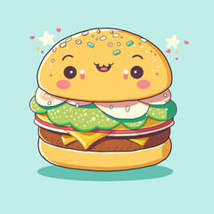 Pattern with Сartoon cute smiling Burger on blue background. Perfect content for wallpaper, postcards, posters, fabric, napkins and other creative projects. American BBQ Burger. 