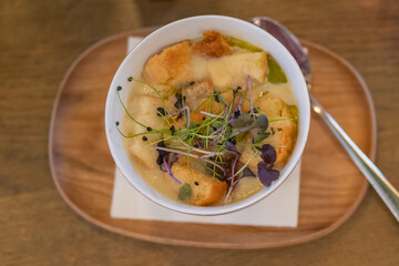 Creamy Turnip Soup with fresh herbs and croutons