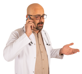 Talking on the phone, transparent png image of caucasian male doctor talking on the phone. Isolated, copy space. One hand raised physician, nervously arguing, explaining the patient's condition.