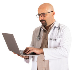 Physician using laptop, transparent png portrait of caucasian physician using laptop. Isolated white background, copy space. Doctor wearing uniform with stethoscope, holding notebook. Typing, working.