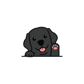 Cute black labrador retriever puppy waving paw cartoon, vector illustration