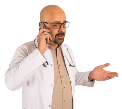 Talking on the phone, transparent png image of caucasian male doctor talking on the phone. Isolated, copy space. One hand raised physician, nervously arguing, explaining the patient's condition.