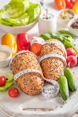 Healthy preparation for sandwich with cucumber, tomato and lettuce.