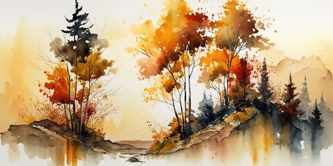Autumn Forest Visual Orange, Watercolor Painting, Generative AI
