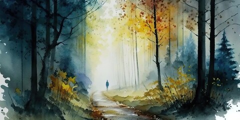 Autumn Forest Visual Orange, Watercolor Painting, Generative AI
