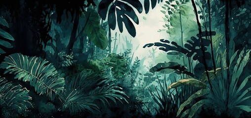 Dark Green Jungle Forest Watercolor View Painting, Generative AI