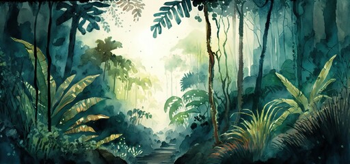 Dark Green Jungle Forest Watercolor View Painting, Generative AI