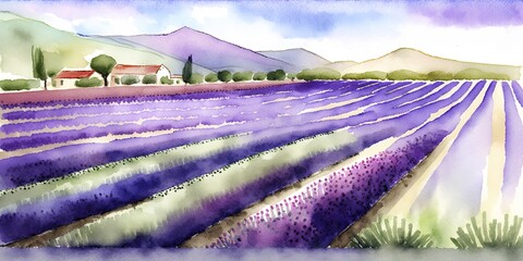 Fototapeta na wymiar Lavender Fields, Purple, Watercolor Painting, Generative AI