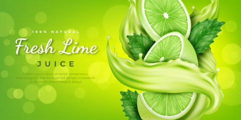 Lime in splash, green juice poster. Slice of lemon citrus, fresh fruit drink promo web banner, realistic nature cold drops, mint leaves. Citrus liquid in motion 3d elements. Vector background - obrazy, fototapety, plakaty
