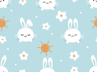 Obraz premium Seamless pattern with bunny rabbit cartoons, cute flower, sun and dots on blue background vector illustration. Cute childish print.