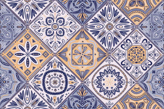 Ceramic tile pattern, mosaic decor. Floral print for wall in vintage portuguese patchwork style, blue floor background. Decor textile, wrapping paper, wallpaper. Vector seamless texture