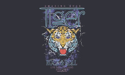 Tiger vector print design for t shirt and others. Animal graphic print design for apparel, stickers, posters, background . Wild life artwork. Rock and roll. Rock star.  - obrazy, fototapety, plakaty