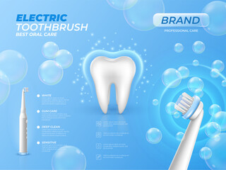 Cleaning toothbrush poster. Whiting bristle. Realistic electrical teeth brush in foam. Soap bubbles. Shiny molar. Dental health and hygiene technology ad. Vector 3D advertising banner
