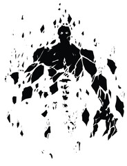 The black silhouette of a huge creepy golem gathering from stone fragments levitating in the air, his eyes glow and his spine is visible. 2d fantasy vector art - 579997153