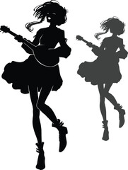 The black silhouette of a cute girl happily bouncing and dancing while playing the lute, she is a bard wanderer in a dress happily singing her songs with a smile. 2d anime art