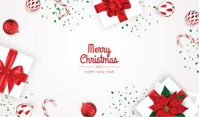 Merry Christmas and Happy New Year. Xmas Festive background with realistic 3d objects, gift box, gold and white balls.