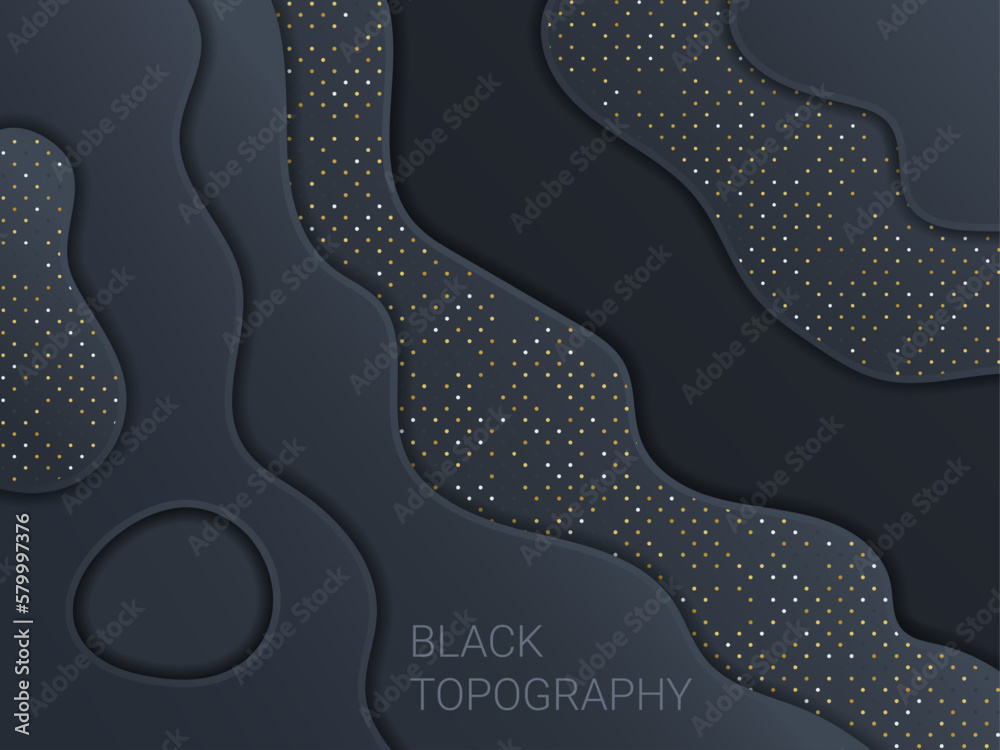 Poster 3D topography background. Abstract texture. Modern black paper cut pattern with golden layers. Topographic landscape. Curve gradient shapes. Dotted surface. Vector graphic dark wallpaper