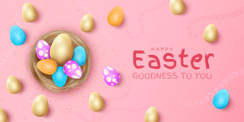 Happy easter eggs, april poster template. Spring table with cute holiday golden decorative elements in basket, green nest. Spring cards or banner. Vector 3d isolated decor, render illustration