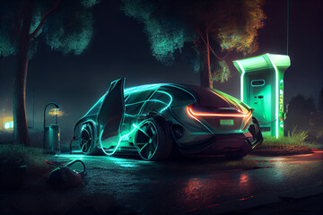 Electric car charging on the street at night. Generative AI