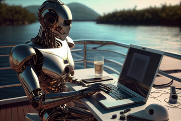 Generative AI humanoid robot working on laptop computer on yacht deck.