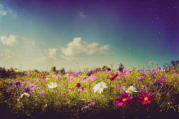 Ravishing closeup floral and flower scenery in natural landscape with starry night sky and cosmical lighting and environment setting like fairytale