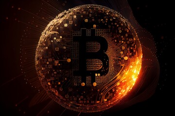 Bitcoin on a dark background. The concept of crypto currency and blockchain technology. Generative AI