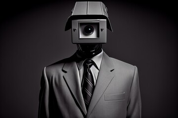 man in a suit with a virtual reality headset on a black background. Generative AI