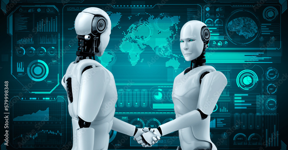 Poster 3d rendering hominoid robot handshake to collaborate future technology development by ai thinking br