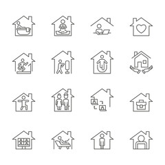 Stay home. Family house icons. Linear patria casa. Social isolation at flu pandemic. Line symbols for medical work book. Work and leisure. People in apartment. Vector pictograms set