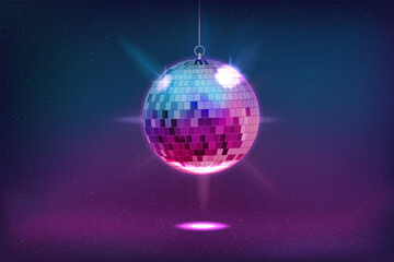 Fototapeta na wymiar Disco ball, 80s dance music party. 90s mirror lights, retro invitation with night effect, colorful shine stars. Neon dance star glowing, 3d isolated element. Vector modern background