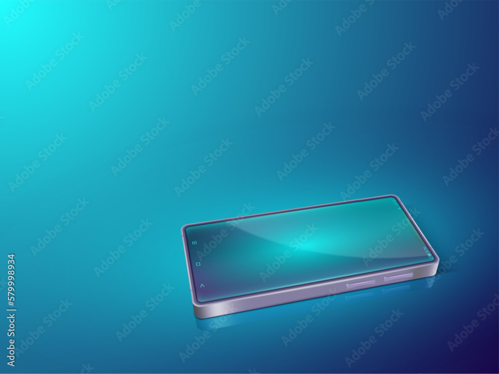 Poster smartphone on table. digital blue phone. mobile cellphone concept. touch screen device in dark. cell