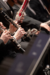 Clarinet players of a classical symphony orchestra are playing in a live performance