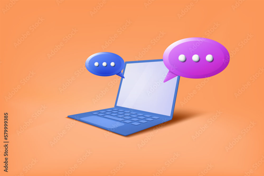 Aufkleber 3d laptop icon. speech bubble in notebook. discussion screen render. balloon for web chatting. digit