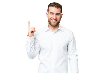 Young handsome blonde man over isolated chroma key background showing and lifting a finger in sign of the best