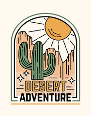 Cactus T-shirt print. Travel poster. Desert adventure. Vintage canyon banner design. Retro American wild nature landscape. USA cliff rocks. Sun and mountains. Vector fashion illustration