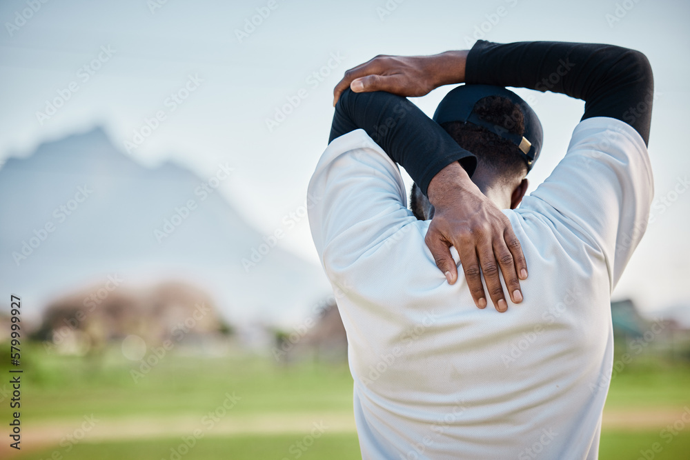 Poster Baseball field, back view or black man stretching in training ready for match on field in summer. Workout exercise, fitness mindset or focused young sports player in warm up to start playing softball