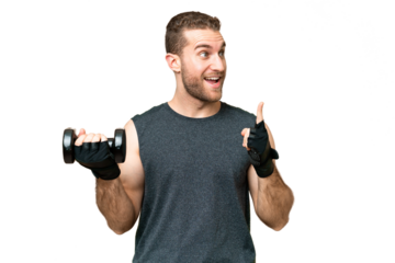 Young sport man making weightlifting over isolated chroma key background intending to realizes the solution while lifting a finger up