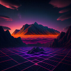 Retro futuristic landscape, geometric grids on surreal landscape, Ai generated