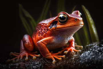 Mystical glowing frog closeup on the wetland or rock in the evening. Isolated on blurred background. Stunning birds and animals in nature travel or wildlife photography made with Generative AI