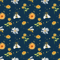 Bee pattern. Watercolor seamless pattern with chamomile flowers, sunflowers and bees. Apiculture. Design for nurseries, textiles, stationery. Dark blue background.