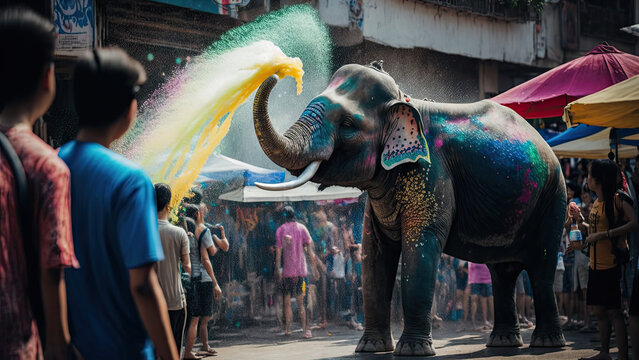 An elephant on Songkran Festival background - Generative AI