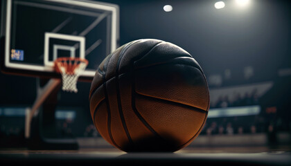Cinematic scene of basketball on court under the lights