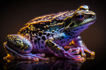 Fototapeta premium Mystical glowing frog near the wetland. Isolated on blurred background. Stunning birds and animals in nature travel or wildlife photography made with Generative AI