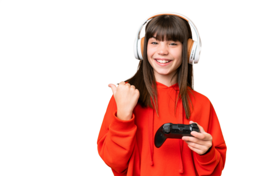 Little caucasian girl playing with a video game controller over isolated background pointing to the side to present a product