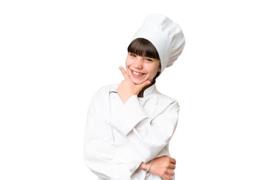 Little caucasian chef girl over isolated background smiling