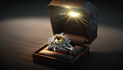 Luxury diamond and yellow sapphire ring in open gift box created with generative AI technology