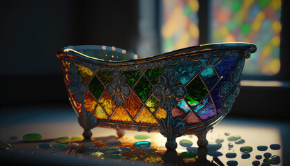 Fototapeta premium Stained glass bathtub, glass, mettal, antique, retro, old design, concept. Generative Ai